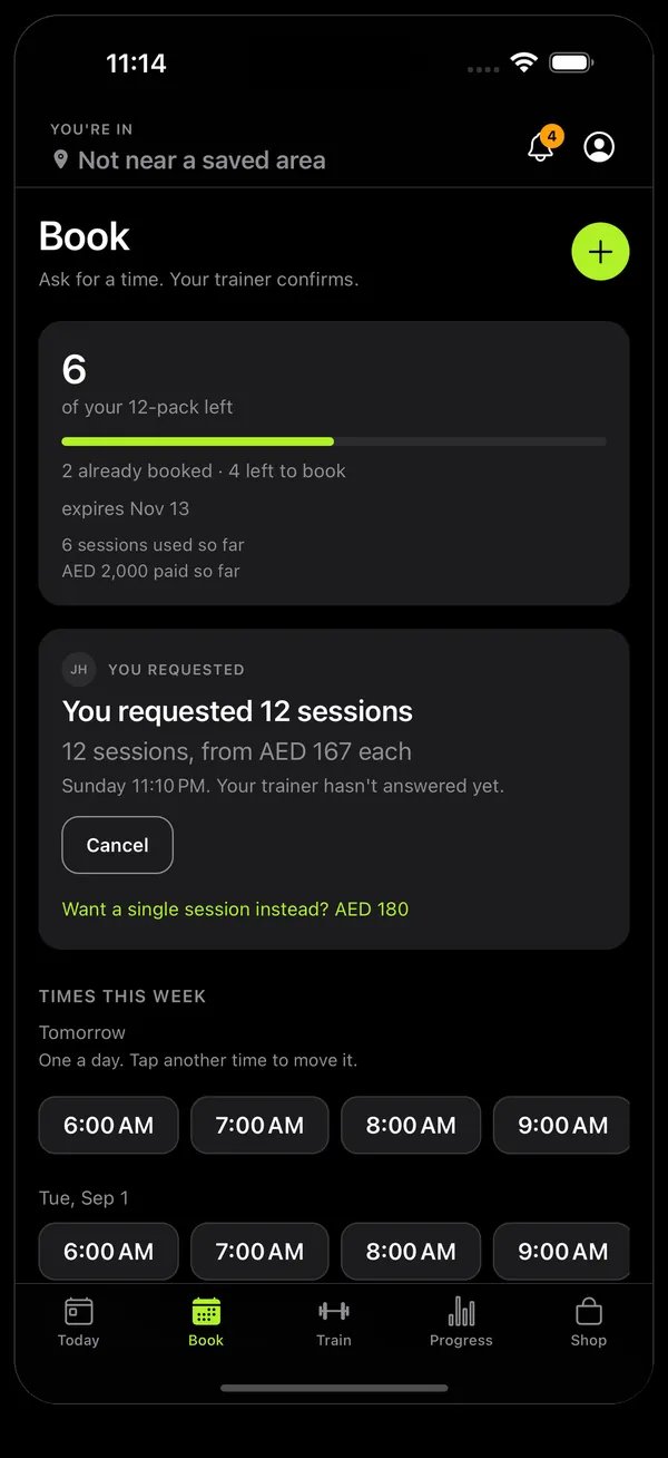 The client's Book screen: 6 of a 12-pack left, expiring 13 November, a pending request for 12 sessions, and times this week to tap.