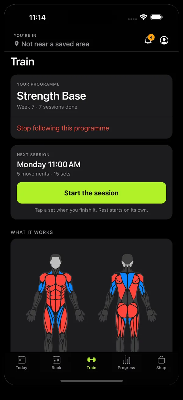The client's Train screen: her programme 'Strength Base', week 7, her next session on Monday at 11:00 with five movements, and a front-and-back body map showing which muscles it works.