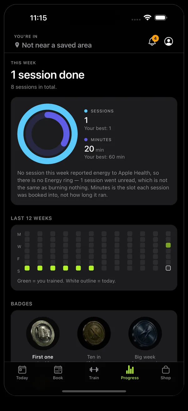The client's Progress screen: sessions and minutes this week against her best, a 12-week grid of the days she trained, and badges.