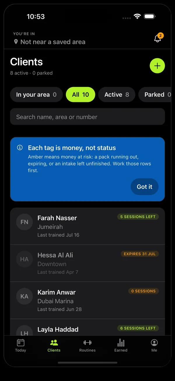 Onform's Clients screen: filters for In your area, All, Active and Parked, and client rows showing name, neighbourhood such as Jumeirah or Dubai Marina, when they last trained, and a tag such as '5 sessions left' or 'Expires 31 Jul'.